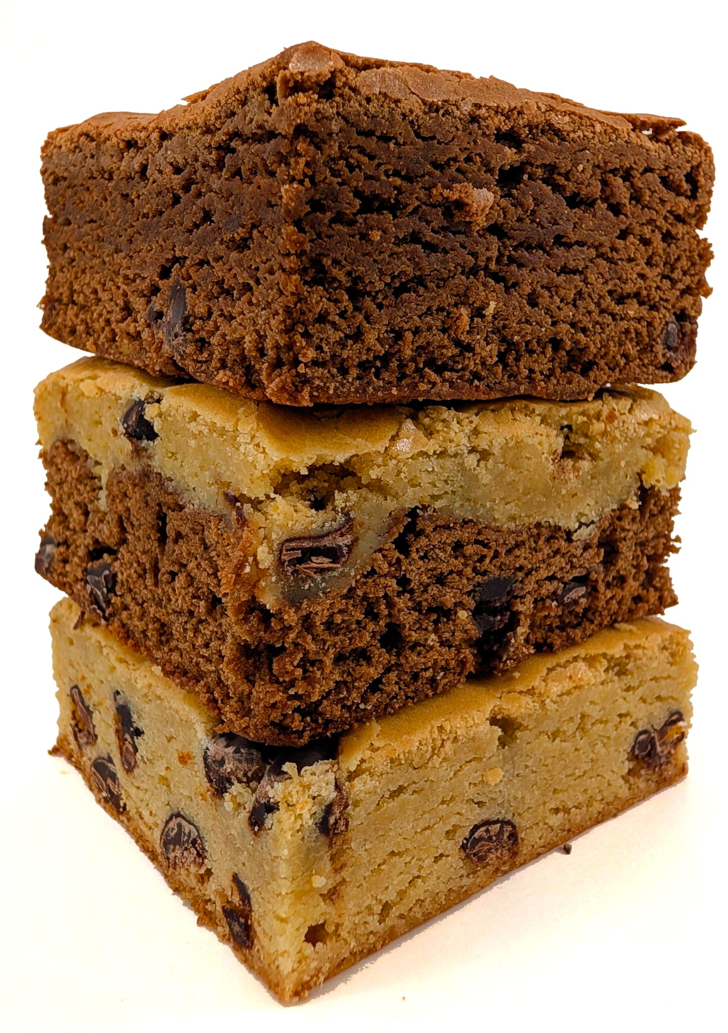 Large Brookie Large Fudgy Chocolate Brownie and Large Chocolate Chip Blondie stacked Close up