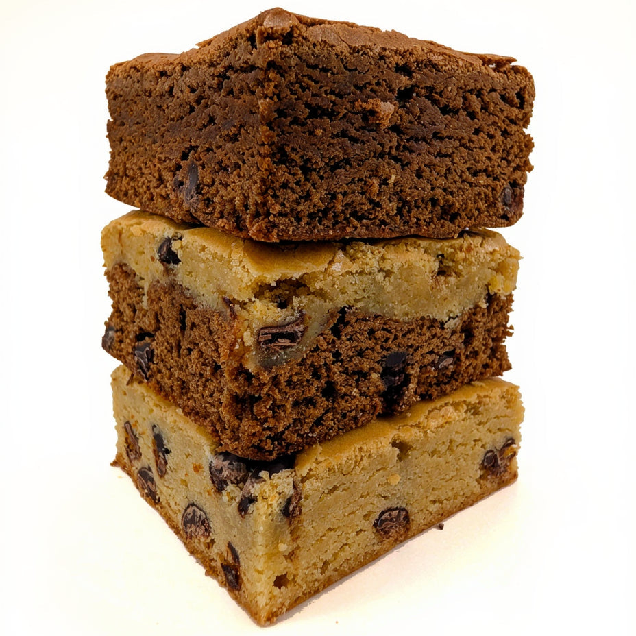 Large Brookie Large Fudgy Chocolate Brownie and Large Chocolate Chip Blondie stacked Close up