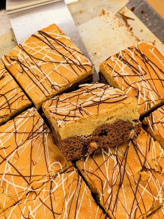 Large Coffee White Chocolate Brookie cut closed up in pan