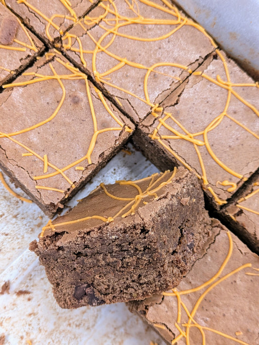 Orange Fudgy Chocolate Brownie close up in pan
