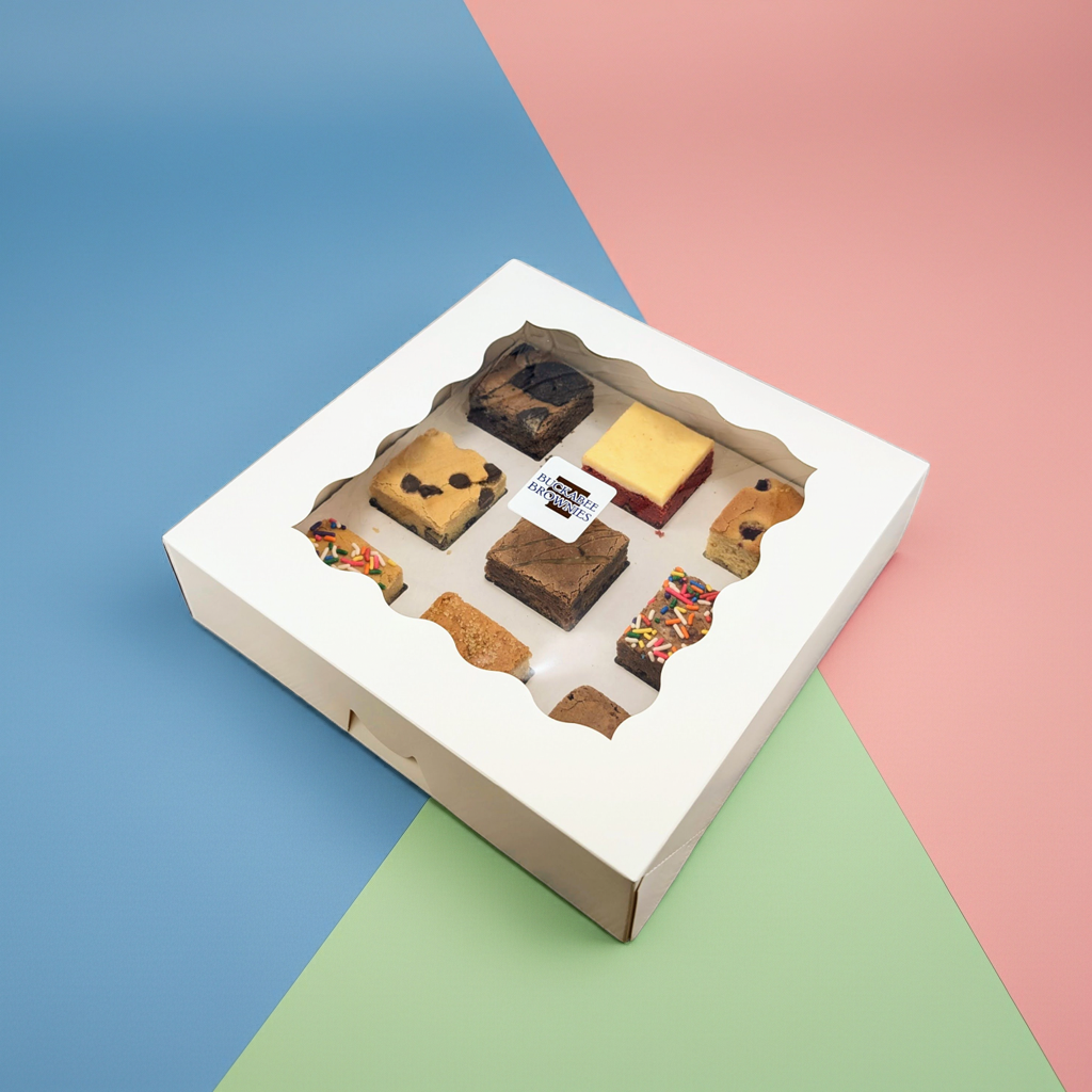 Box of 9 Brownies and Blondies closed on multi color backdrop