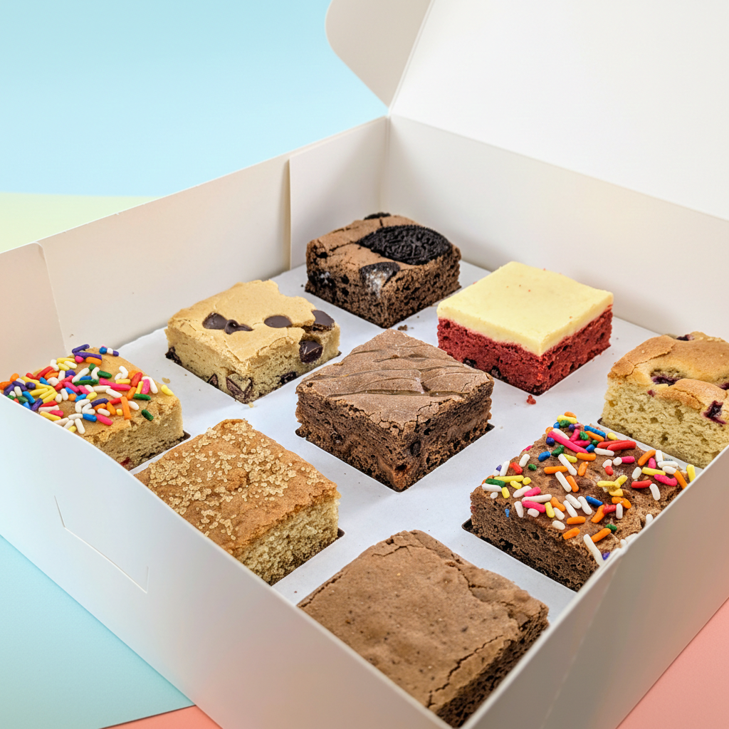Box of 9 Brownies and Blondies open multi color backdrop close up
