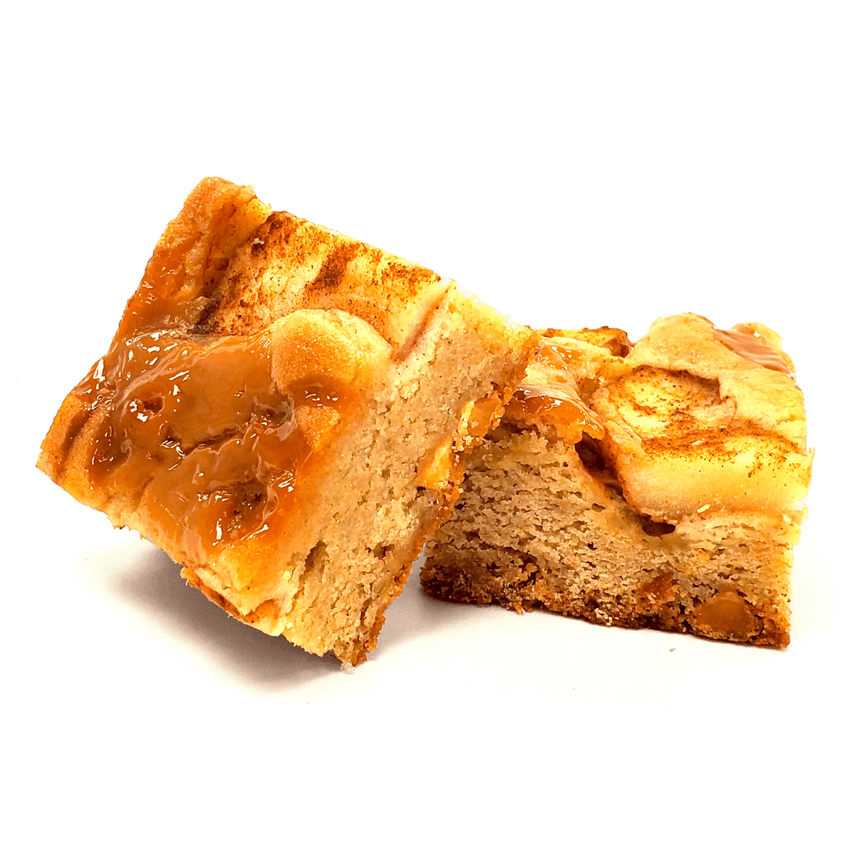 Two Buckabee Brownies Caramel Apple Blondies showing golden cinnamon base with caramel-coated apple pieces on top