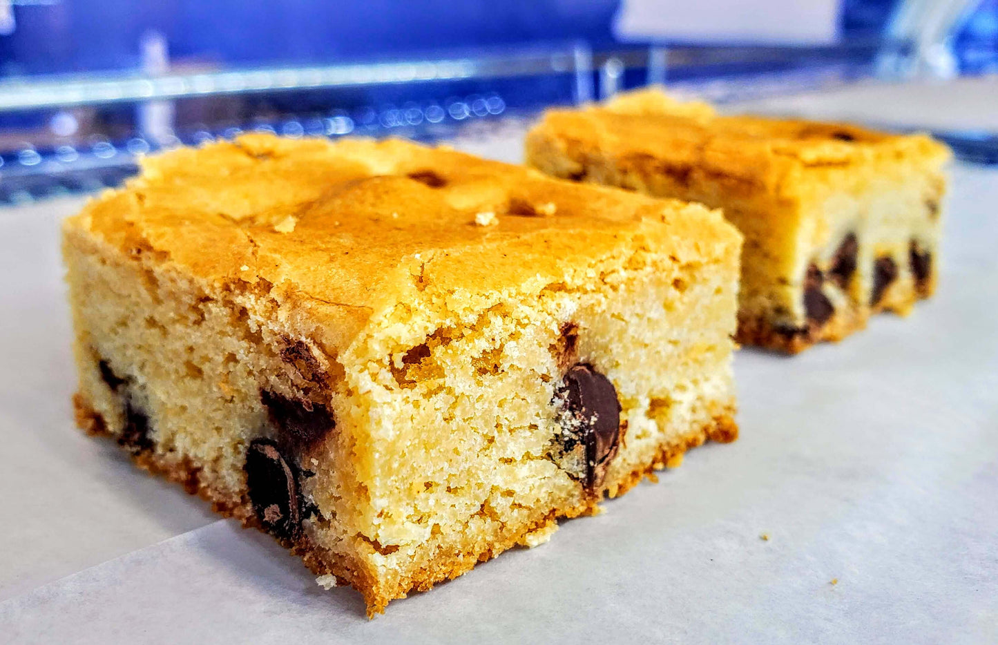 Chocolate Chip Blondies close up in display