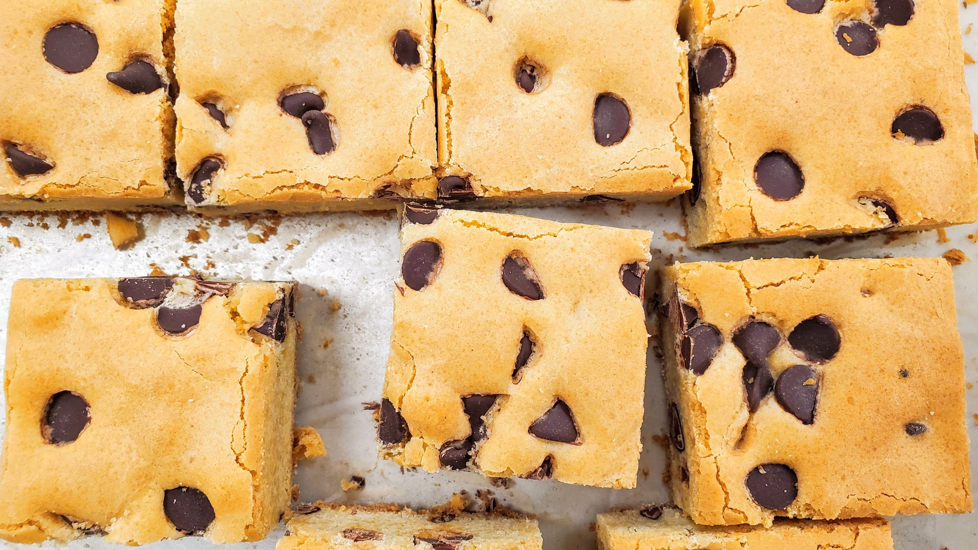 Chocolate Chip Blondies cut in pan
