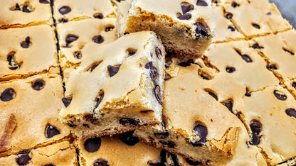 Chocolate Chip Blondies piled in pan