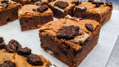 Cookies & Cream Brownie close up on tray