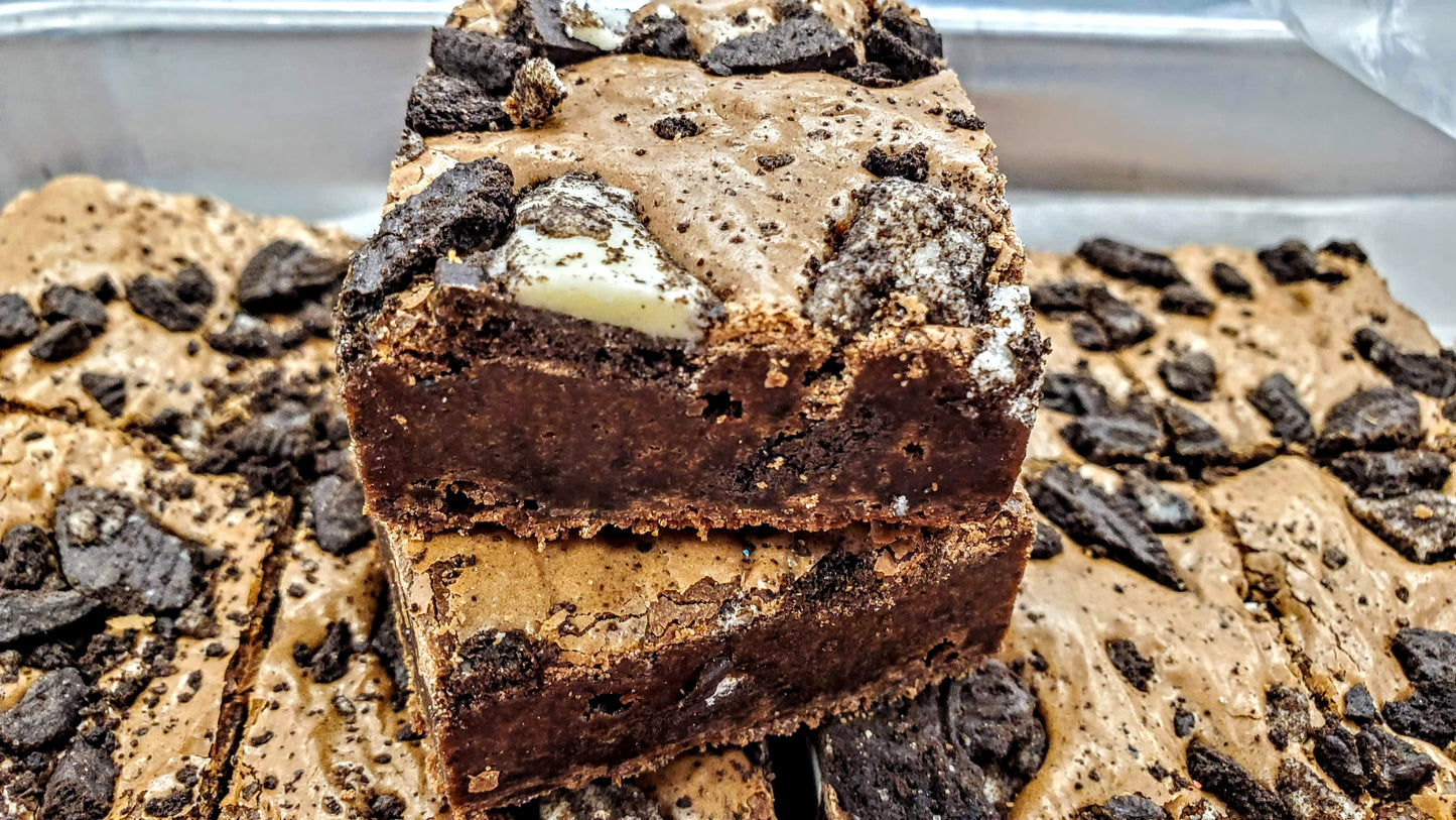 Cookies & Cream Brownie stack in pan