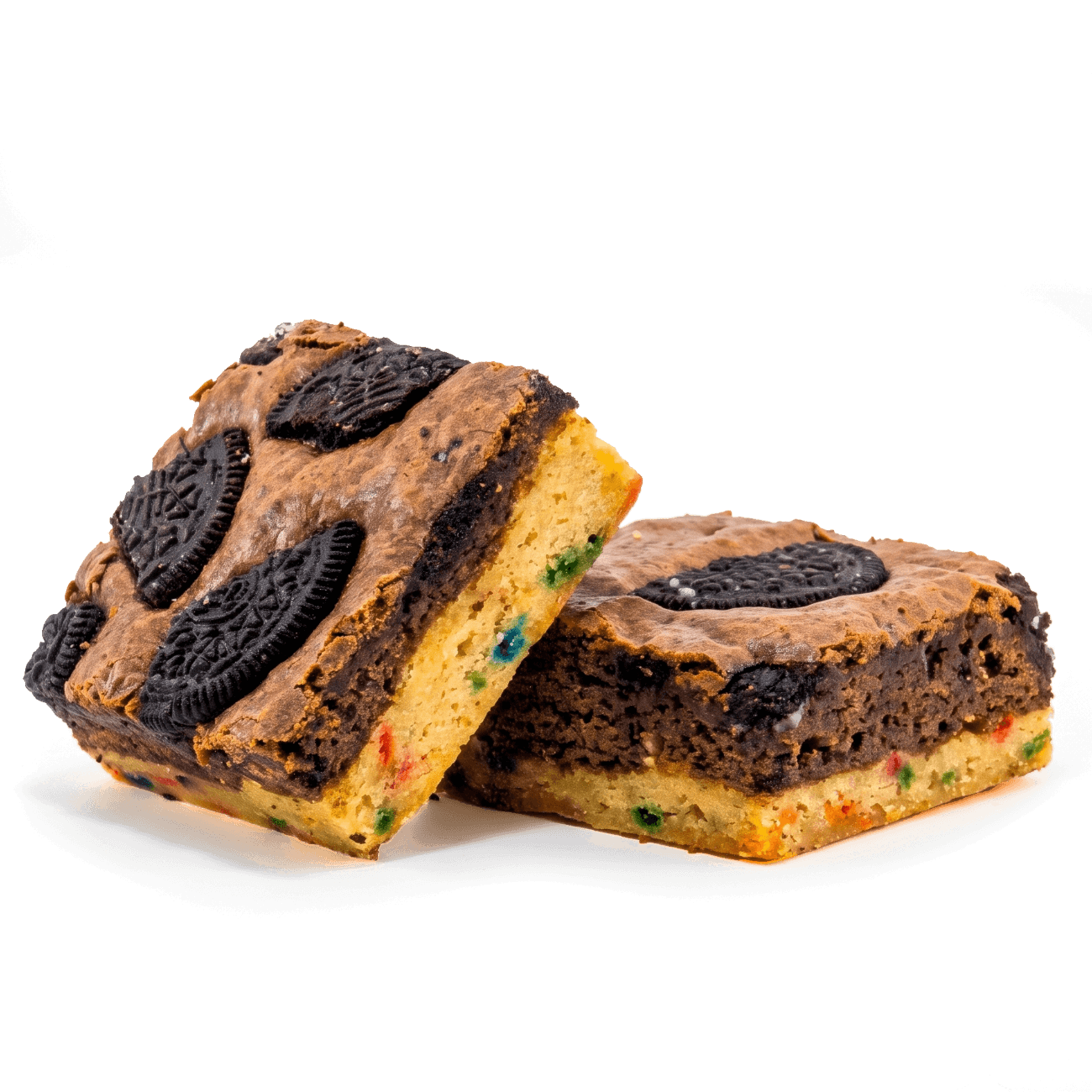 Two XL Cookies, Cream & Confetti Brookies from Buckabee Brownies — fudgy Oreo brownie top layer over a festive rainbow sprinkle confetti blondie base