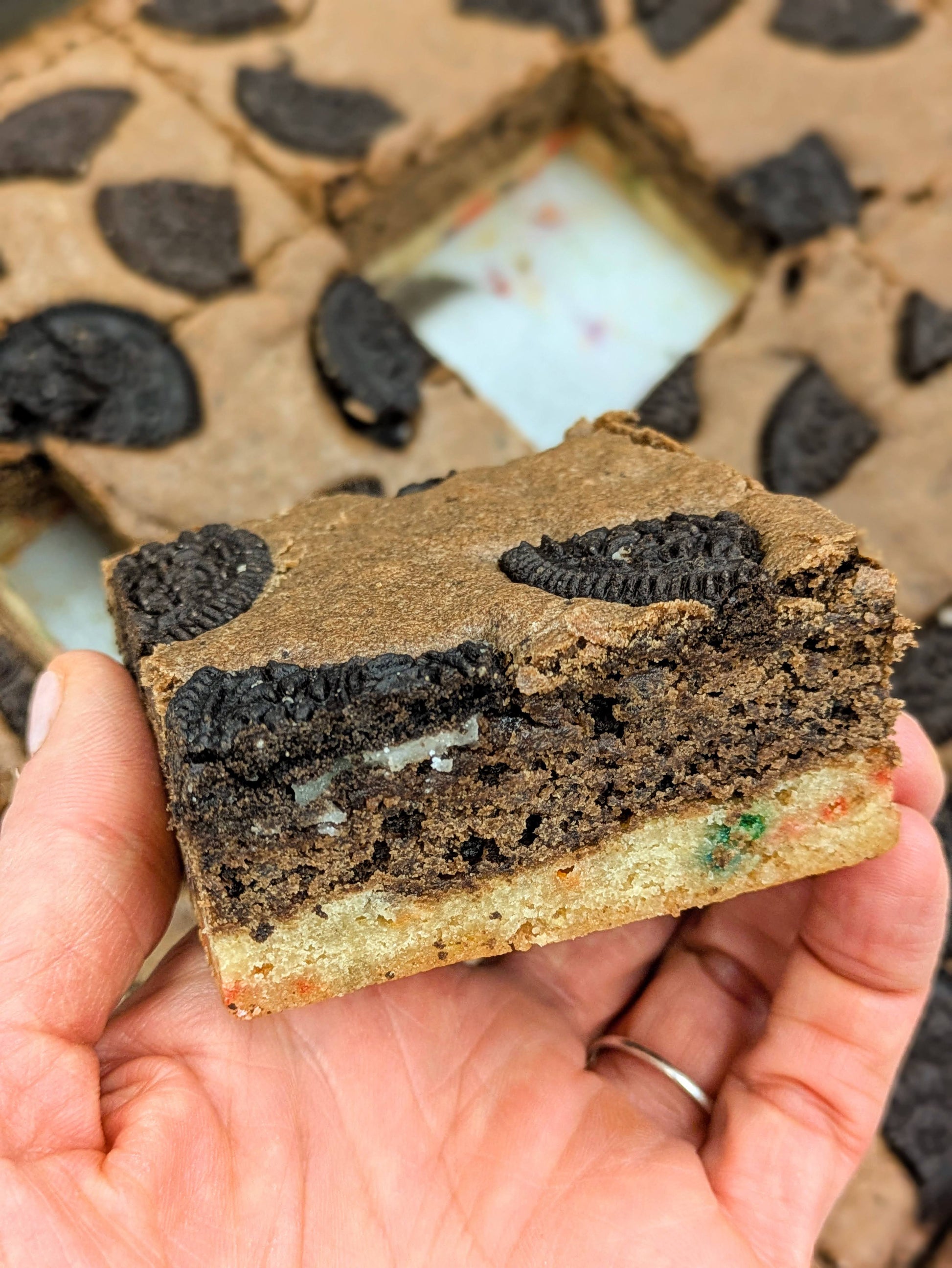 Hand holding an XL Cookies, Cream & Confetti Brookie from Buckabee Brownies, showing the gooey Oreo brownie top and rainbow sprinkle blondie base in cross-section