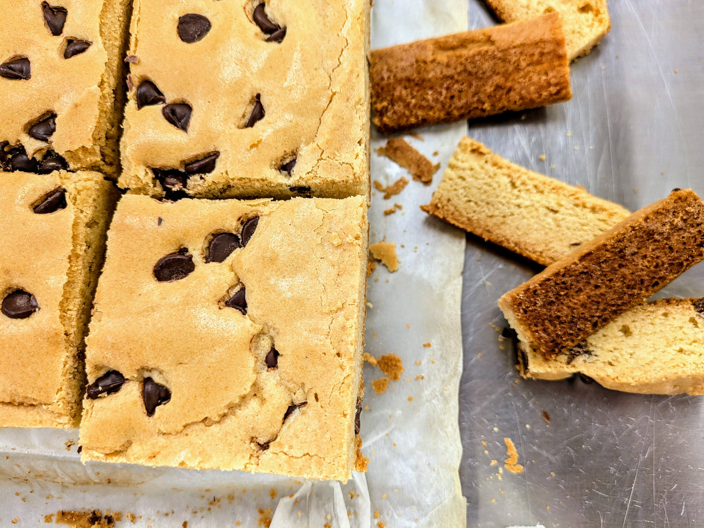 Large Chocolate Chip Blondie and edges