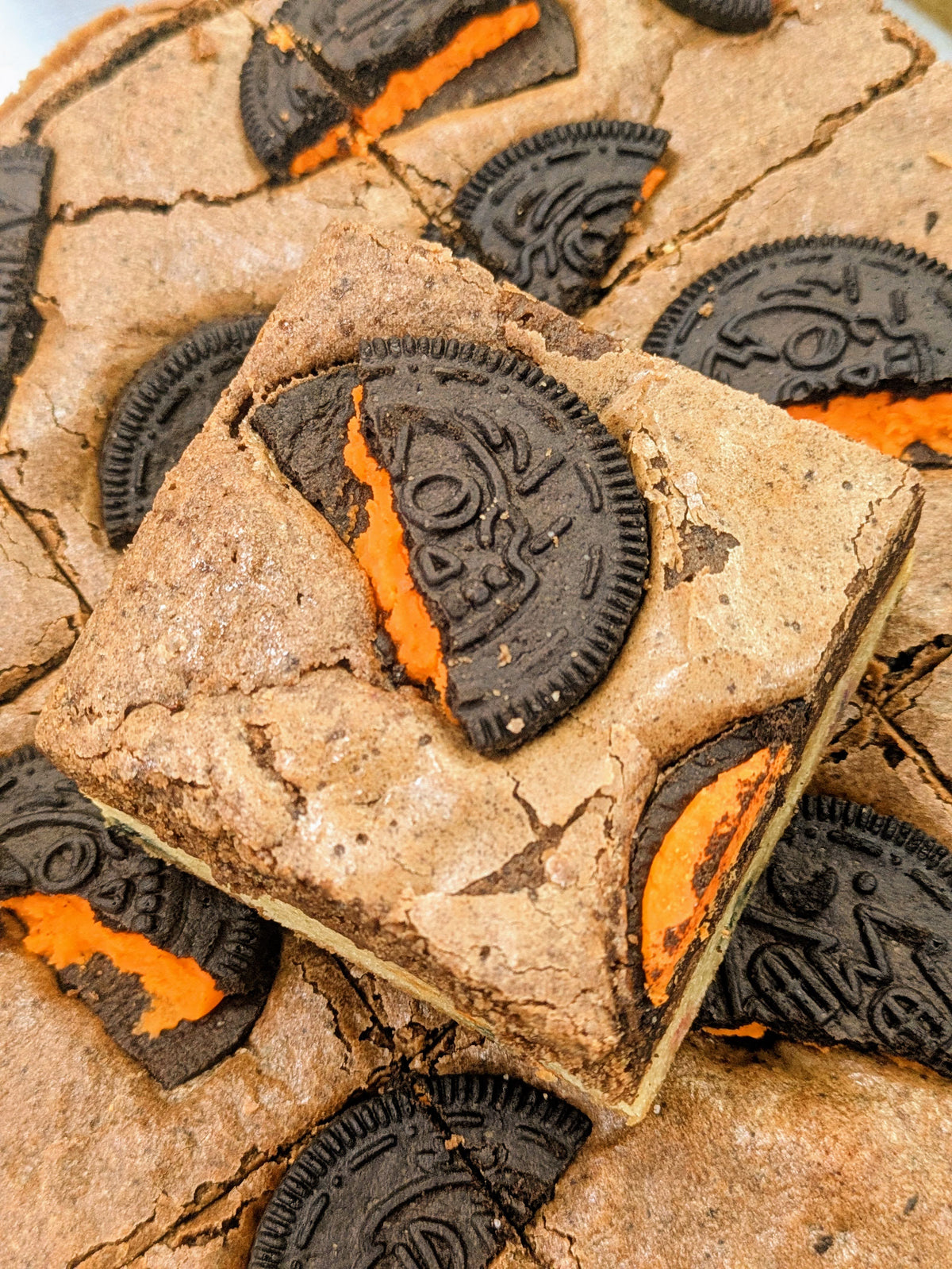 Close-up of square Cookies and Cream brownie topped with Halloween Oreo cookies showing orange cream filling, arranged on a larger brownie base.