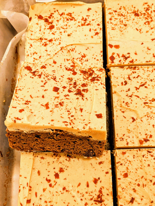 Large Peanut Butter Fudge Buckeye Brownie cut in pan close up