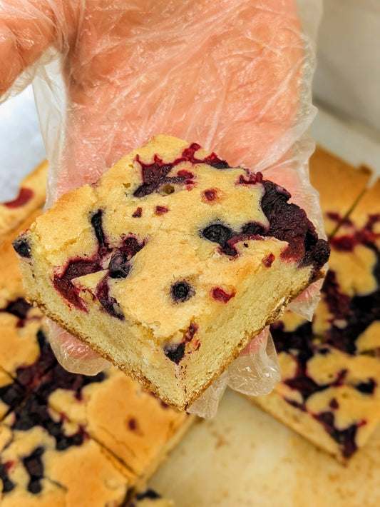 Large Red, White & Blueberry Blondie close up in hand