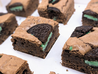 Mint Cookies & Cream Brownie in box close up for St. Patrick's Day