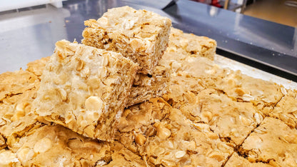 Oatmeal White Chocolate Blondie pile close up