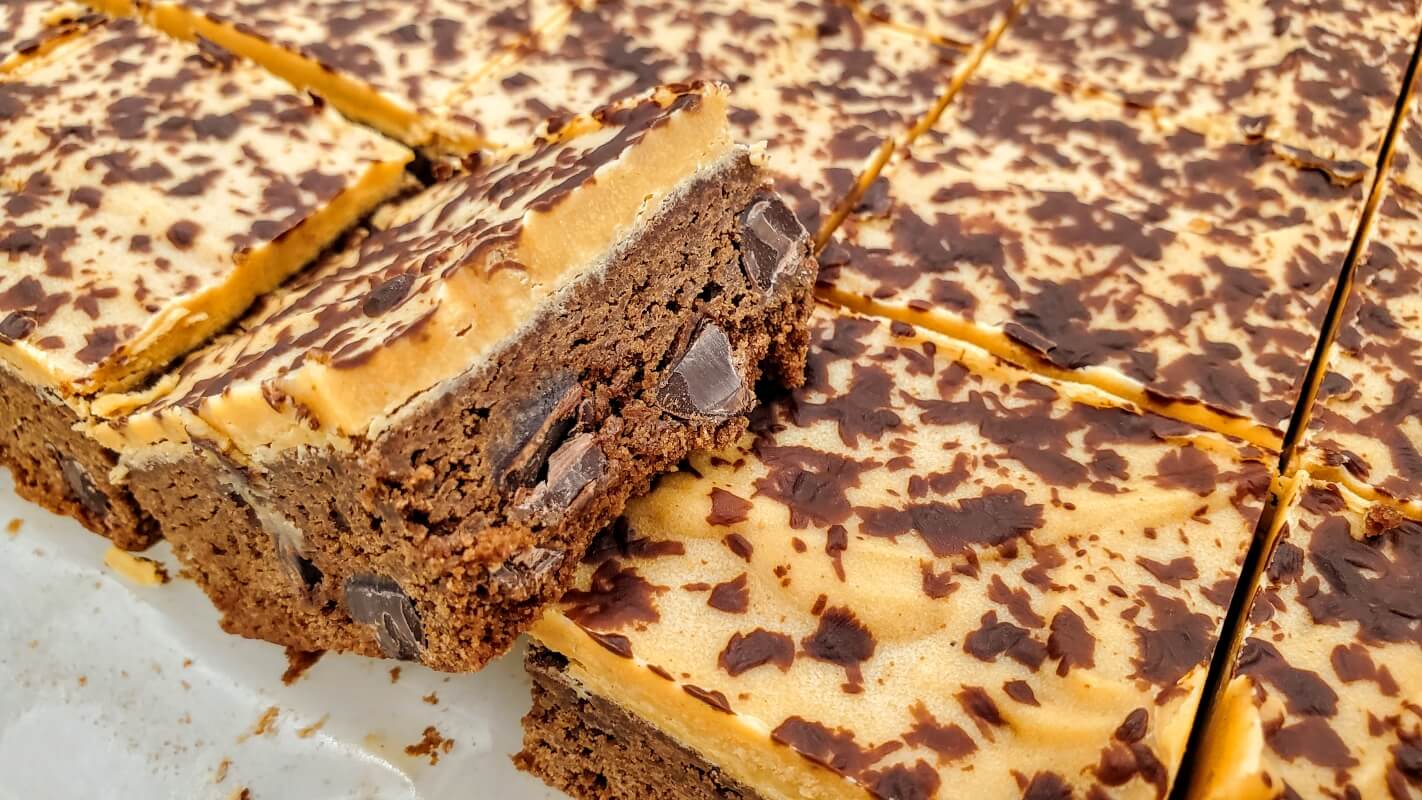 Peanut Butter Fudge Brownie (Buckeye) close up in pan