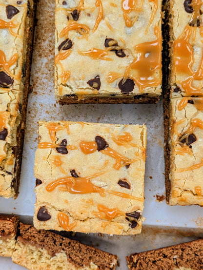 Salted Caramel Oatmeal Brookie showing its oatmeal blondie top and fudgy chocolate base.