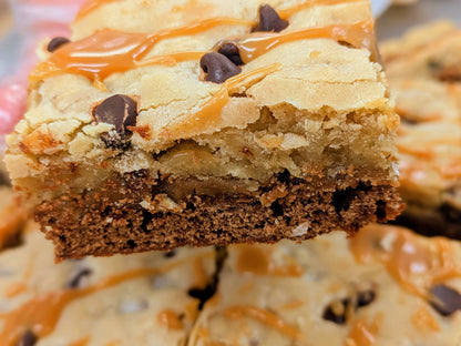 Salted Caramel Oatmeal Brookie with caramel drizzle, oatmeal blondie top and fudgy chocolate base.