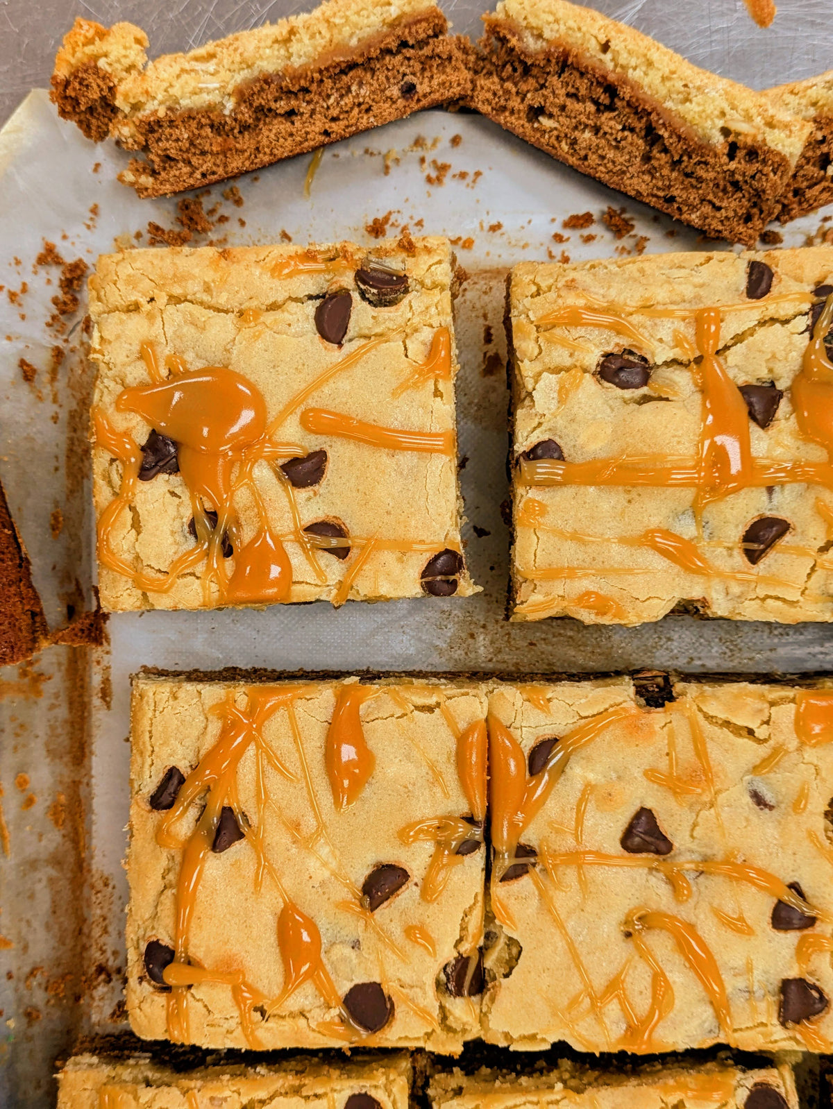 Salted Caramel Oatmeal Brookie showing oatmeal blondie, salted caramel, and fudgy chocolate layers.