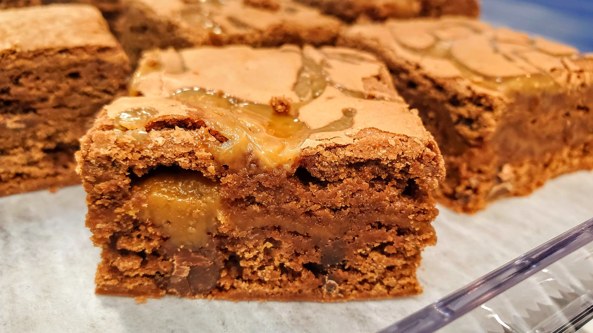 Salted Caramel Brownie close up in display