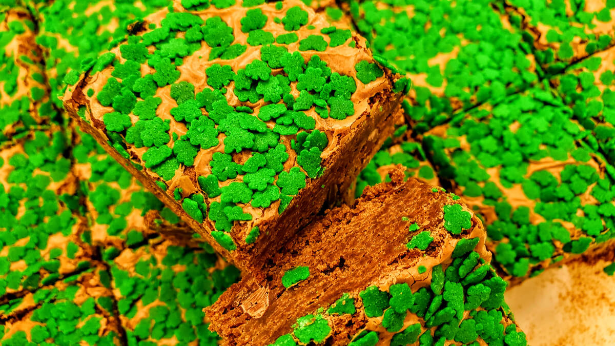 Shamrock Sprinkles Brownie in pan for St. Patrick's Day