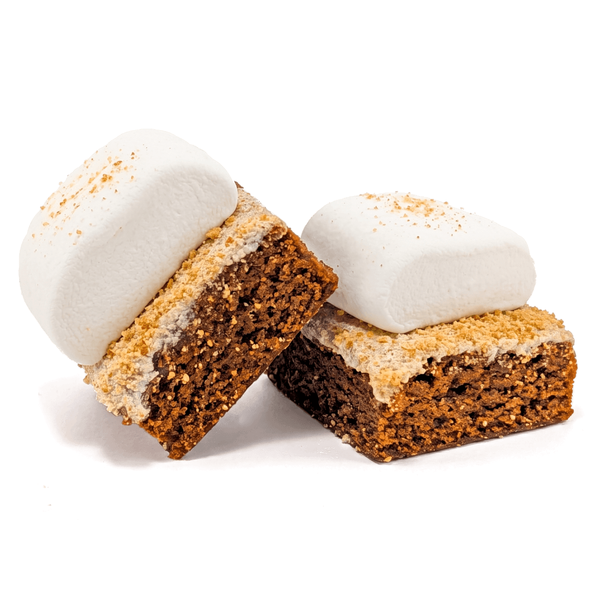 Two Buckabee S'mores Brownies topped with oversized marshmallows and crushed graham crackers, showing fudgy chocolate brownie interior
