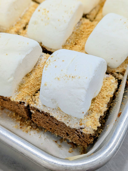 Close-up of a S'mores Brownie in a baking pan, topped with a large marshmallow and coated in crushed graham crackers over a fudgy chocolate brownie base