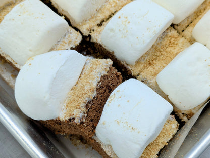 Overhead view of a full pan of S'mores Brownies, each topped with a large marshmallow and dusted with golden graham cracker crumbs