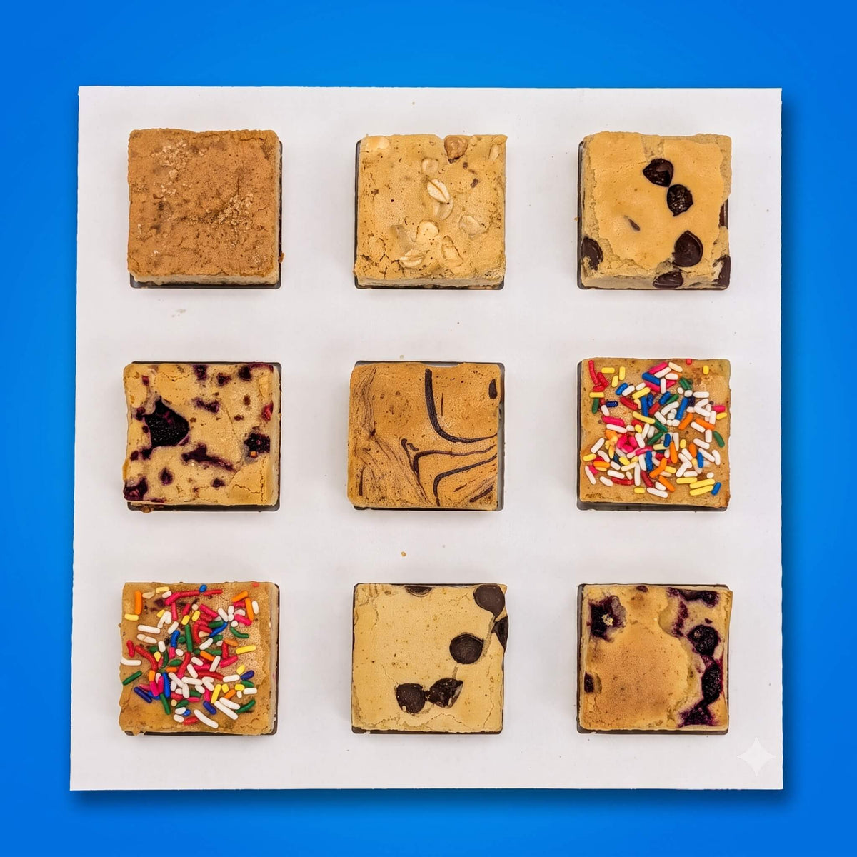 Buckabee Brownies nine blondies arranged in a 3x3 grid, including chocolate chip, confetti and raspberry