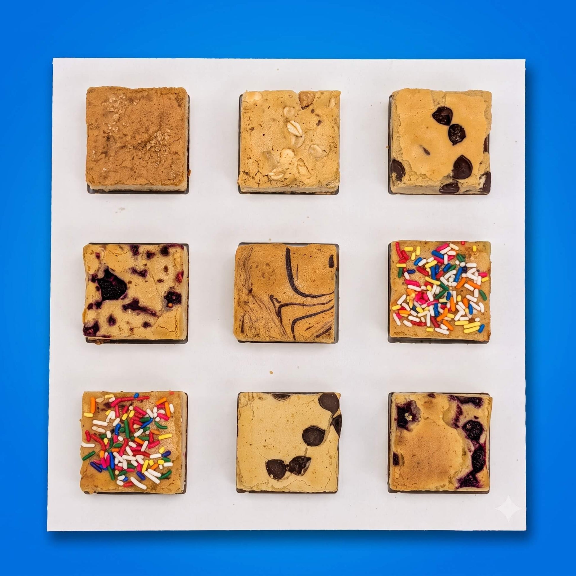 Buckabee Brownies nine blondies arranged in a 3x3 grid, including chocolate chip, confetti and raspberry
