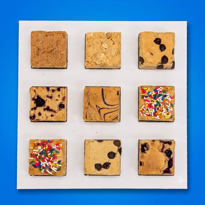 Buckabee Brownies nine blondies arranged in a 3x3 grid, including chocolate chip, confetti and raspberry