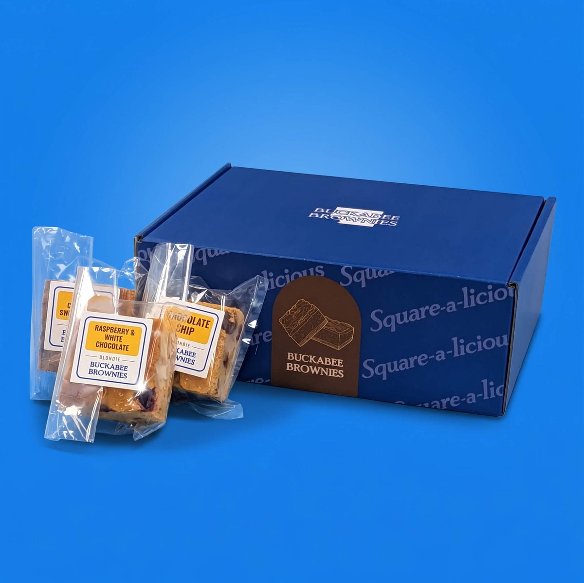 Buckabee Brownies' The Buttery Blondies Shipped Box. A premium box with individually wrapped blondies.