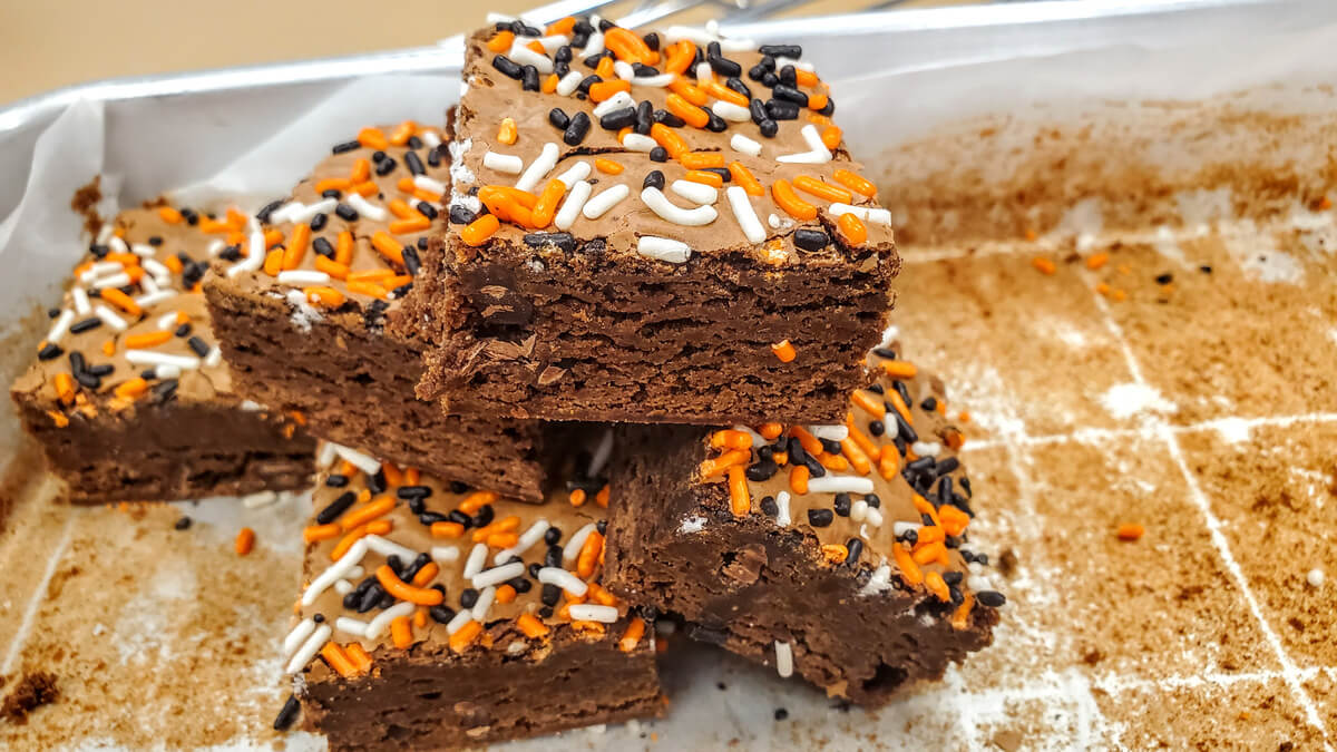 Who Dey brownies with sprinkles on a baking sheet