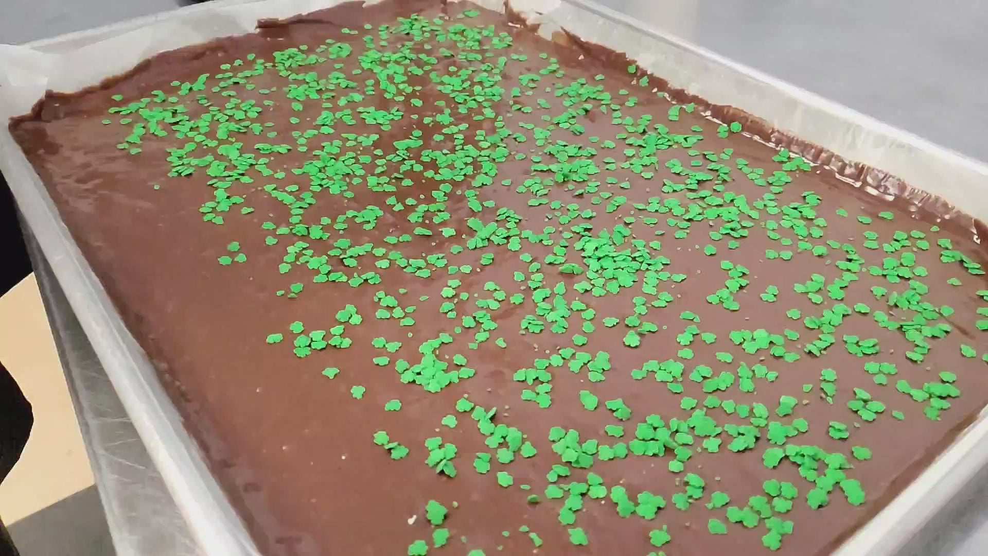 Putting Shamrock sprinkles on Shamrock Chocolate Brownies
for St. Patrick's Day